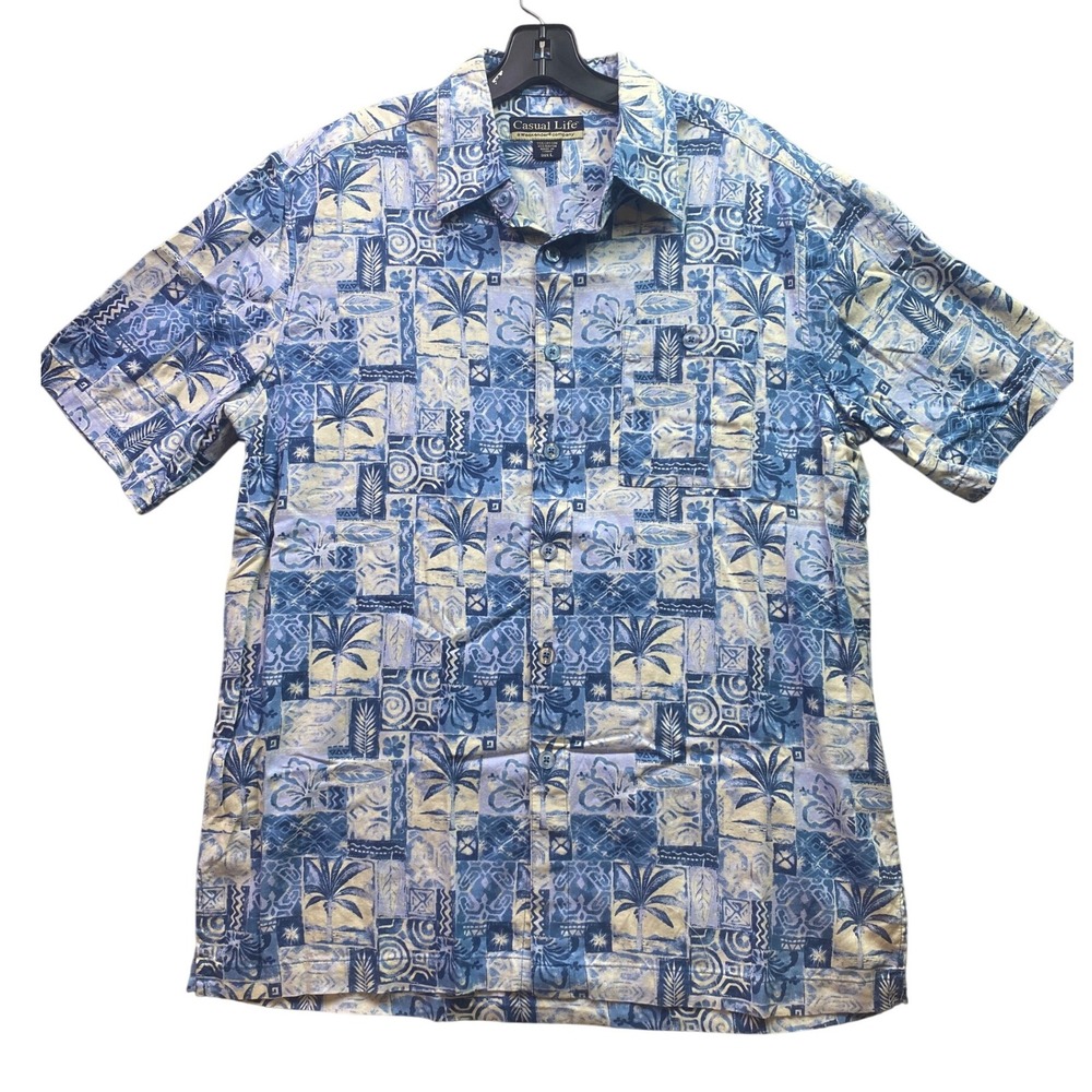 Casual Life Shirt Mens Large Rayon Blend Nature‎ AOP Beachy Travel Coastal